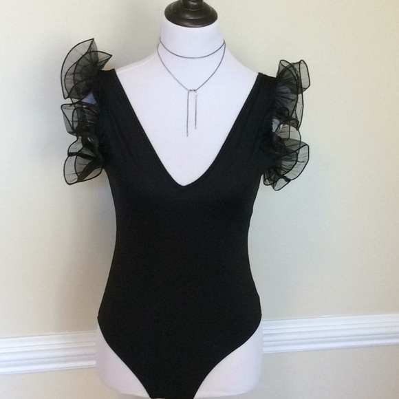 Zara Tops - HP⭐️ Zara double Vneck black ruffle bodysuit